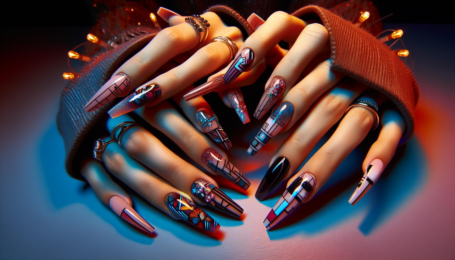 Artistic abstract Geometric Designs on Long Coffin Nails for a Creative Edge