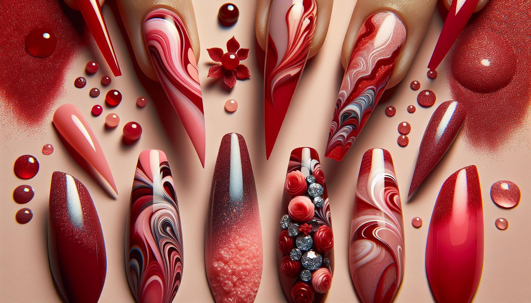 artistic Abstract Red and Pink Swirl Dip Powder for Everyday Playfulness