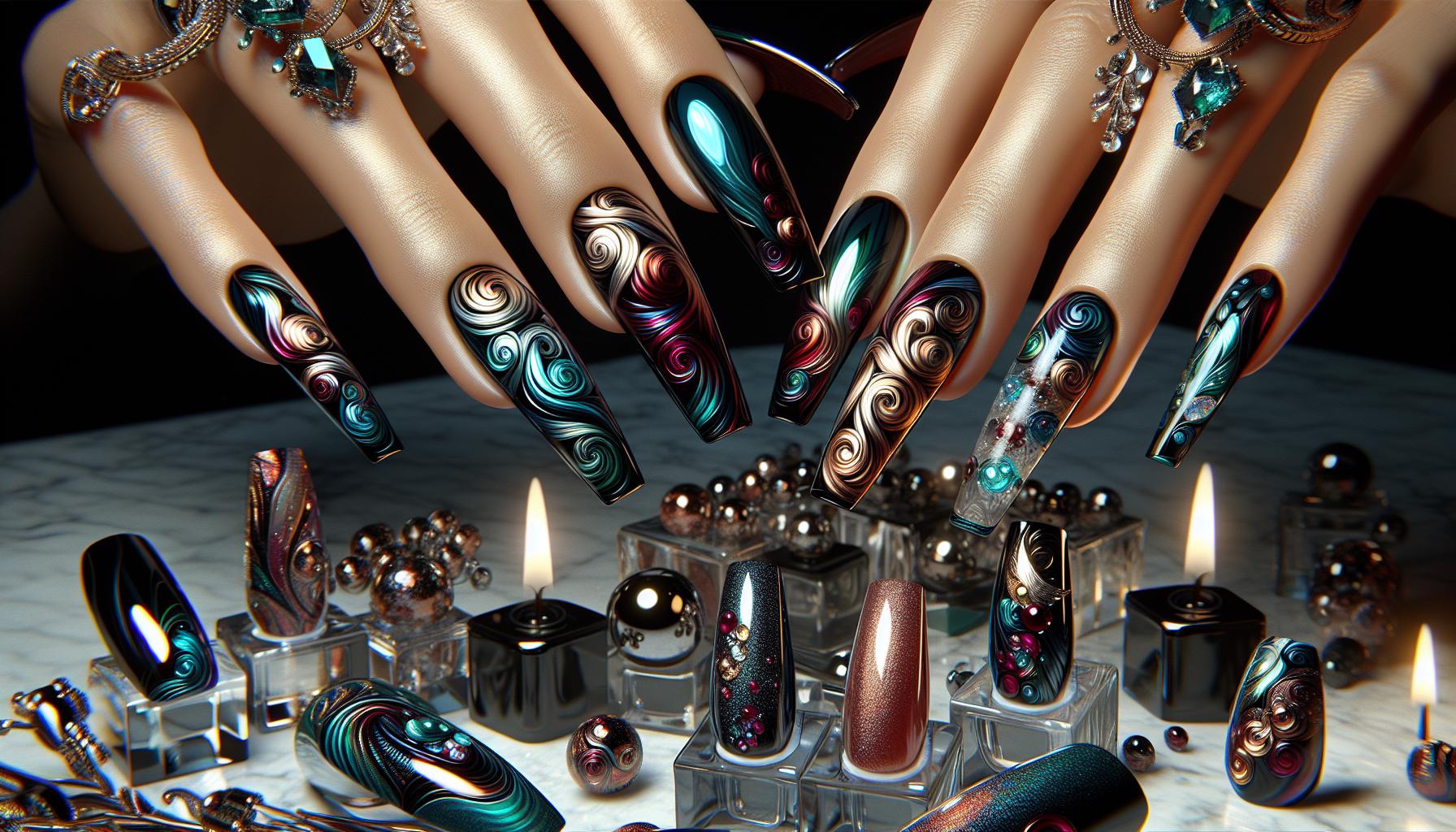 Artistic Abstract Swirls in Lush jewel Tones on Glossy Coffin Nails for a daring ‌Statement