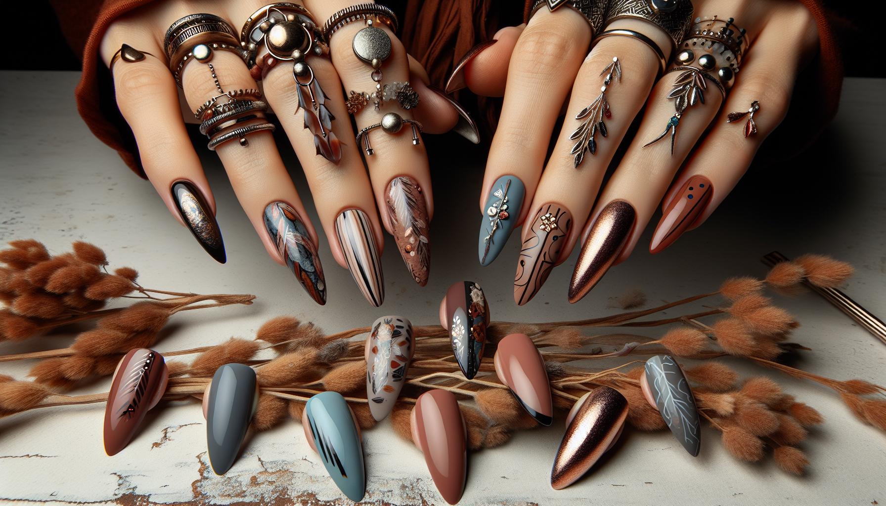 Artistically Abstract Dip Powder Nails Featuring Earthy Tones for a Bohemian Aesthetic