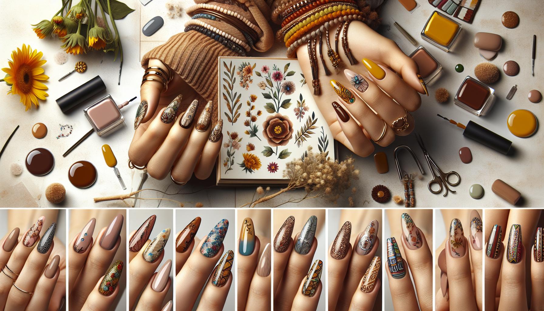 Bohemian-Inspired Dip Powder Nails Featuring Earthy Tones and Floral Accents