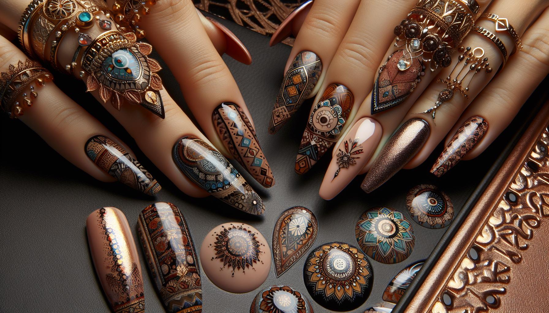 Bohemian-Style Dip Powder Designs Featuring Earthy Tones and intricate Mandala Patterns
