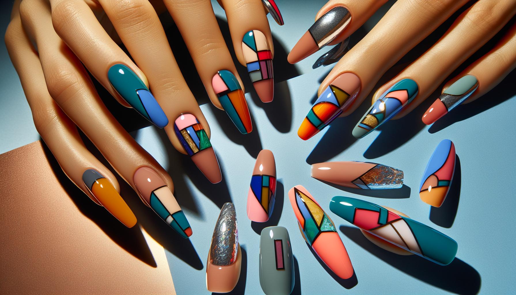 Bold Abstract Geometric Shapes on Almond Nails for Artistic Expression