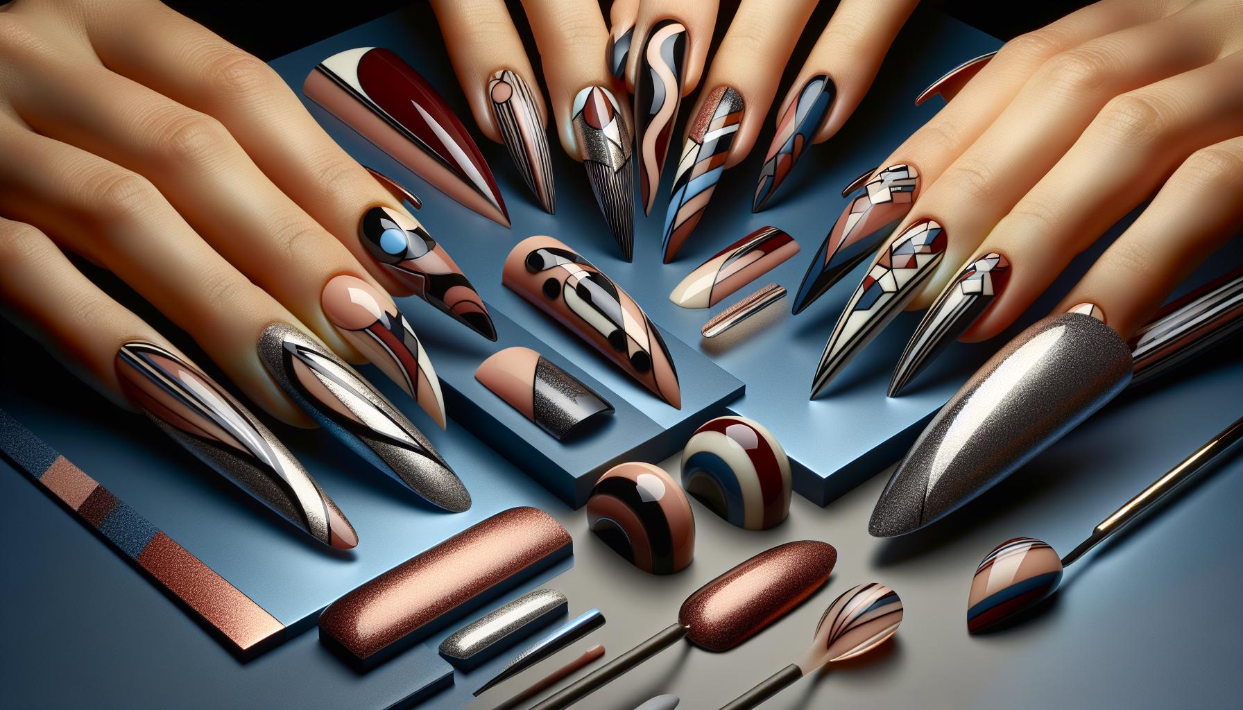 Bold Abstract Stiletto nails Featuring Dynamic Geometric Patterns
