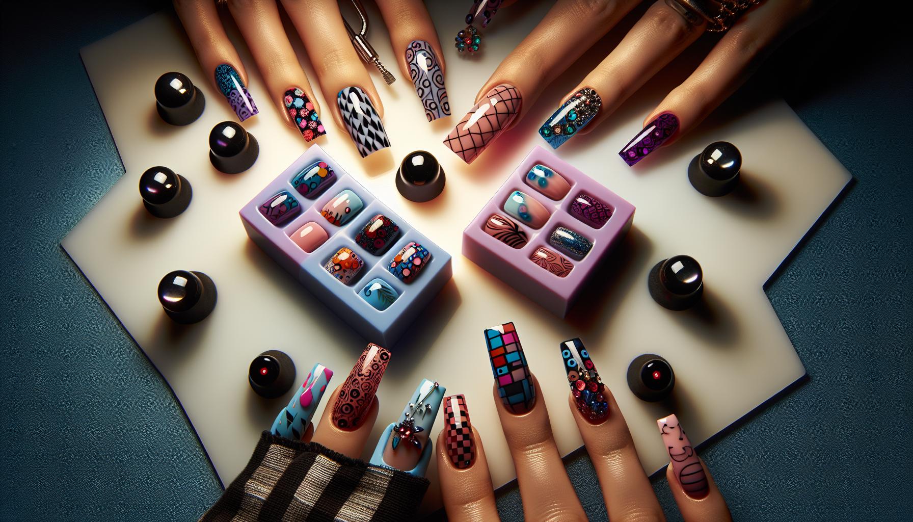 Bold and Bright Funky Patterned Gel Nails on Square Shapes for a Fun Vibrance