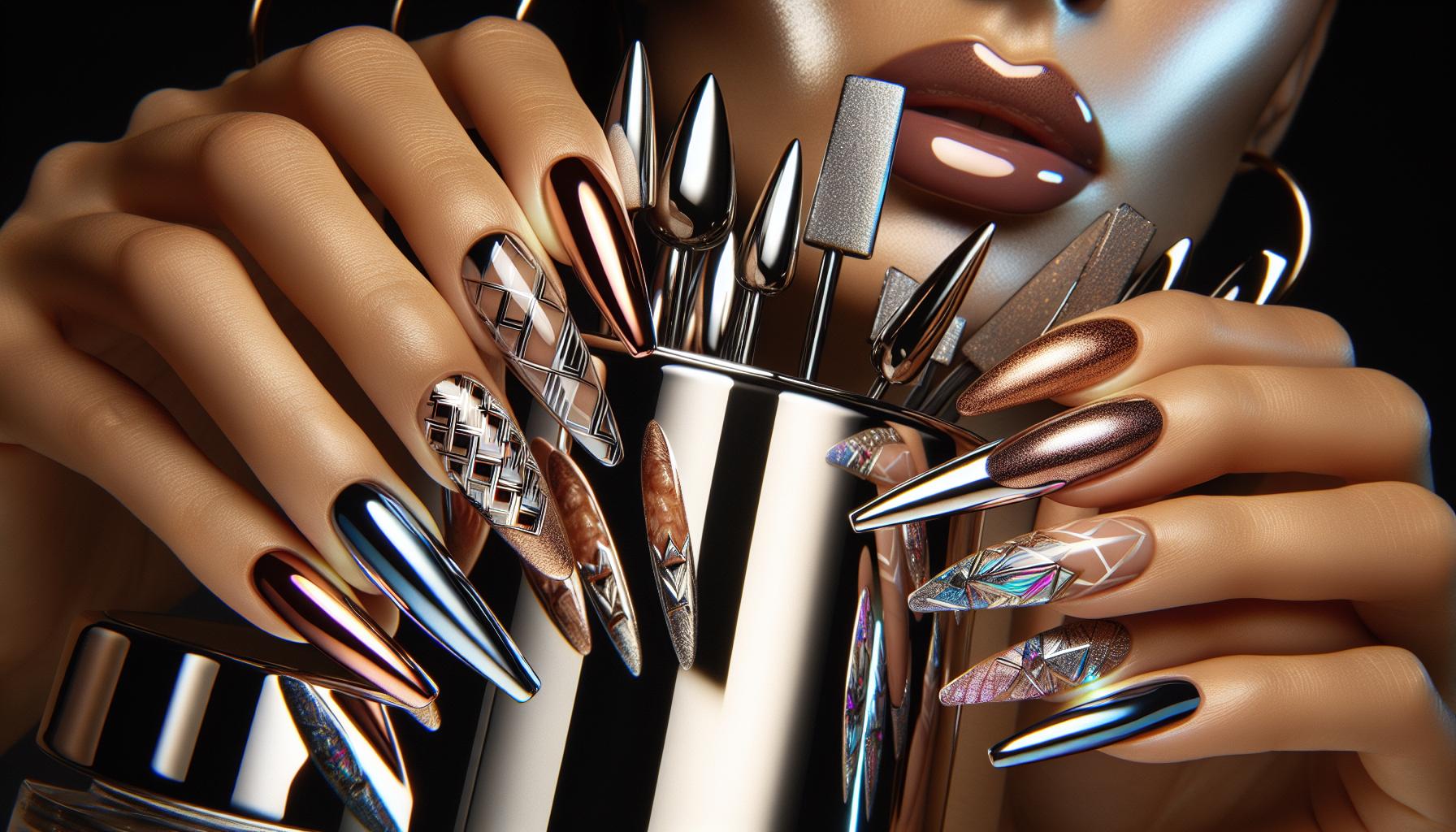 Bold Chrome Stiletto Tips Enhanced with Stunning Geometric patterns