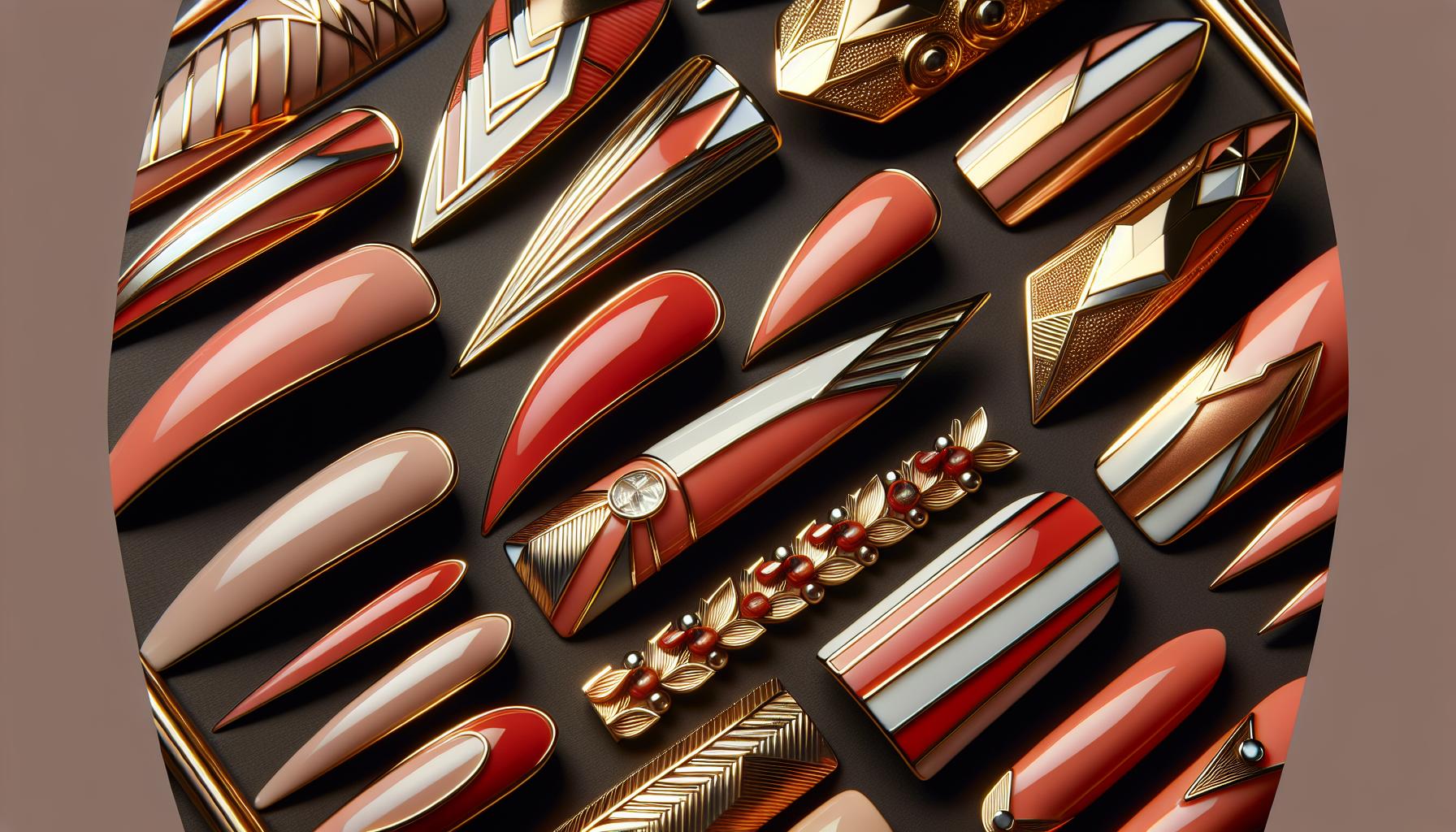 bold Coral and Gold Geometric Designs on Sleek Almond Shapes
