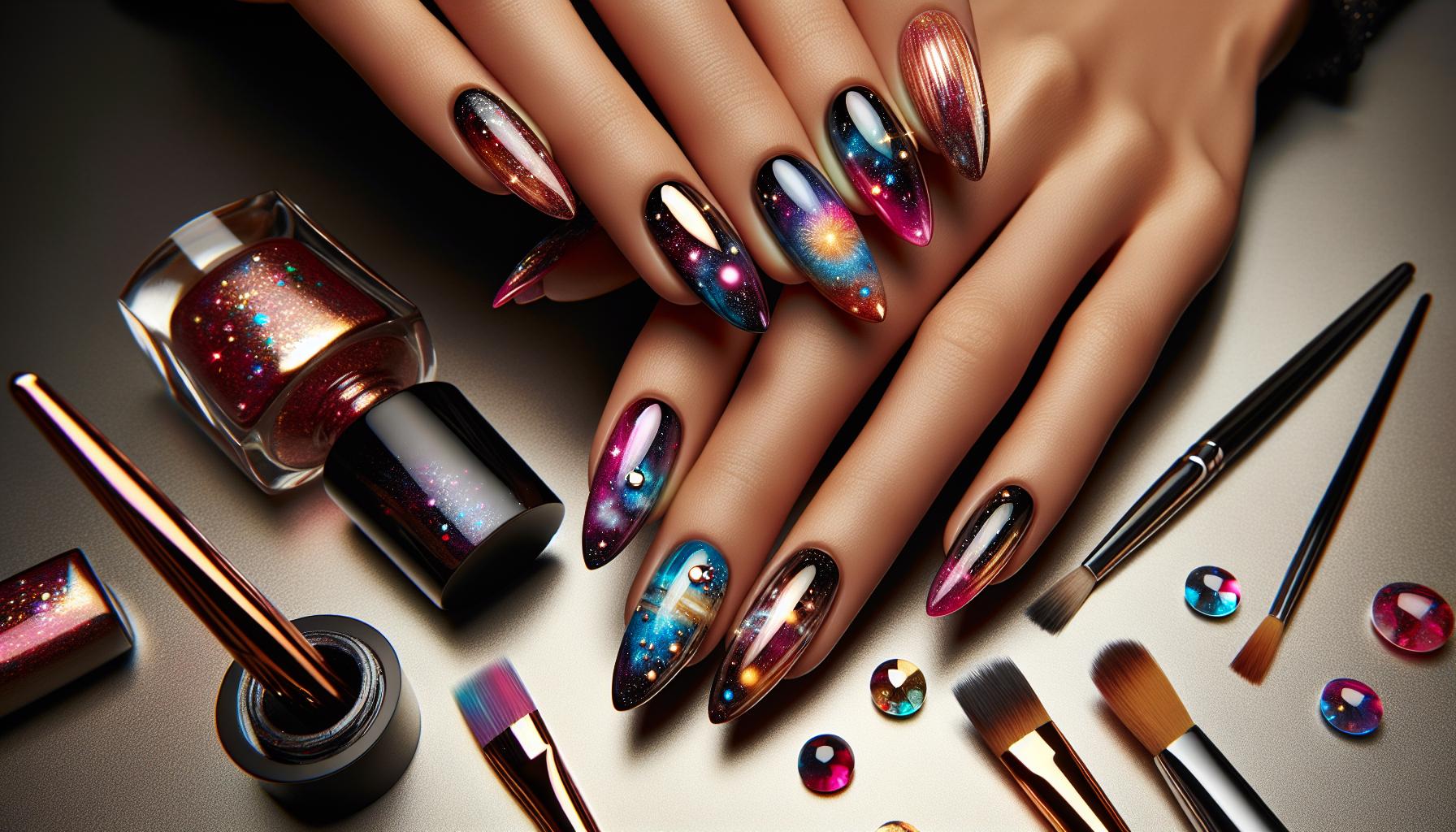 bold Cosmic Chrome Almond Nails Wrapped in Dazzling Galaxy Colors for Dreamy Escapism