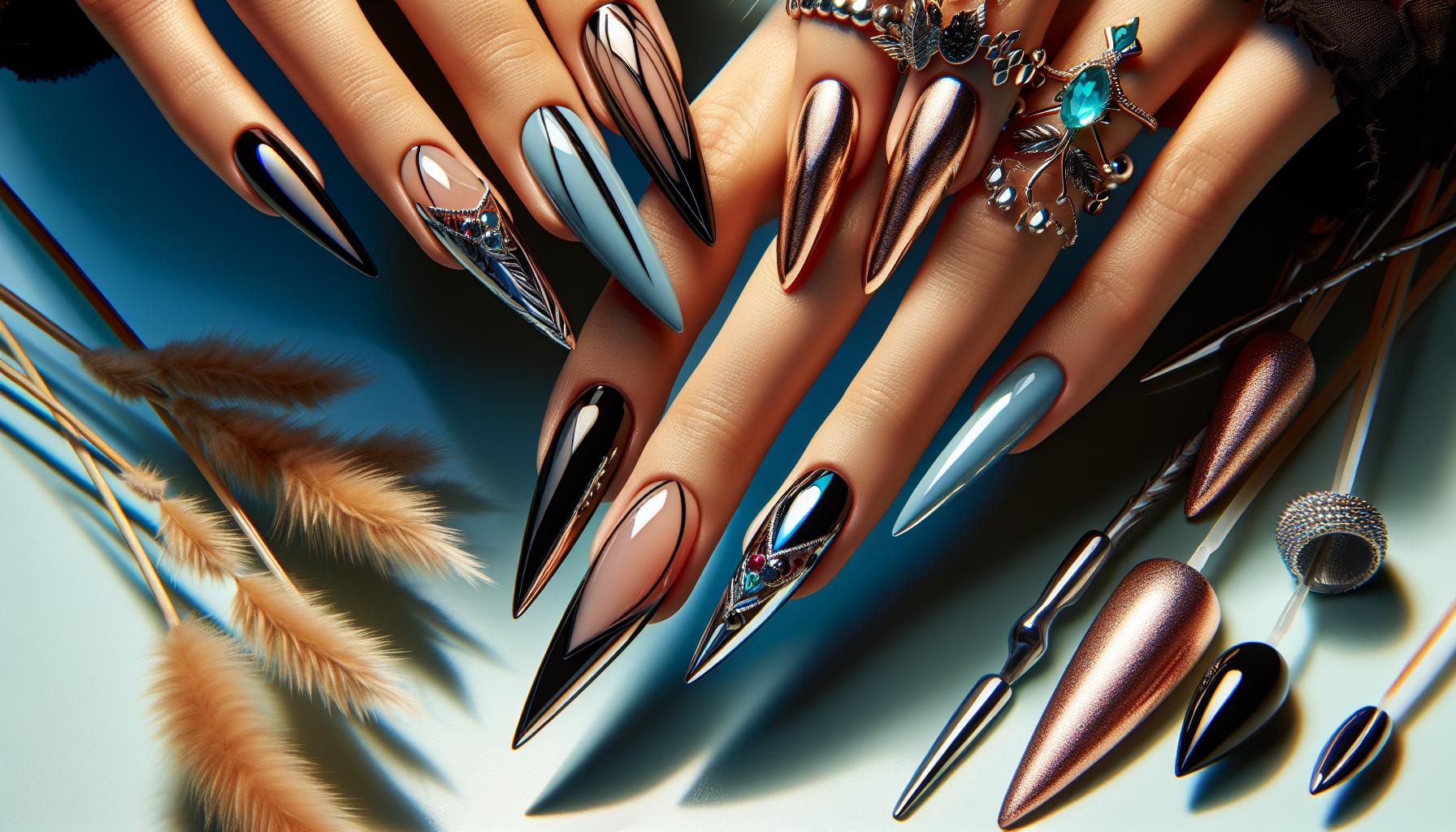 Bold Cut-Out​ Accents on Super Sharp Stiletto ​nails for a Modern Edge