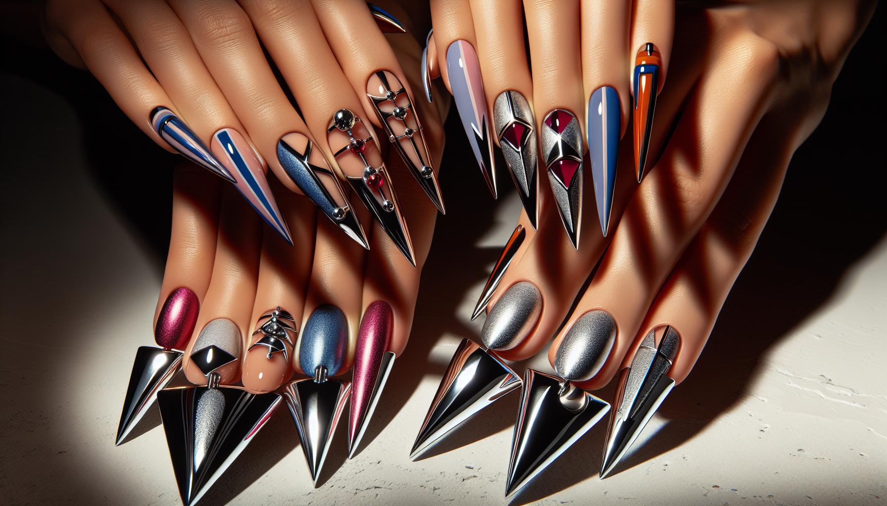 Bold Geometric Chrome stiletto Tips That Make a Statement in Summer Fashion