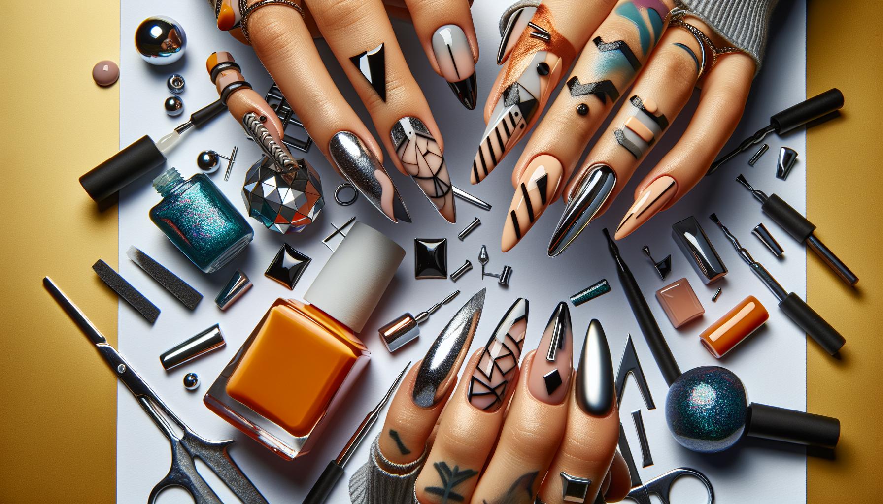 Bold Geometric Dip Powder Nails Combining Chrome and Graphic Lines for an Edgy Statement