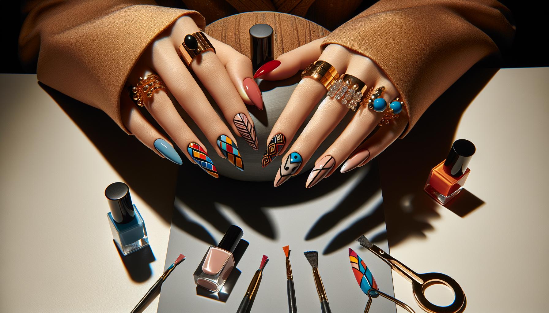 Bold geometric Patterns on Almond⁢ Shaped Nails for a Modern Flair