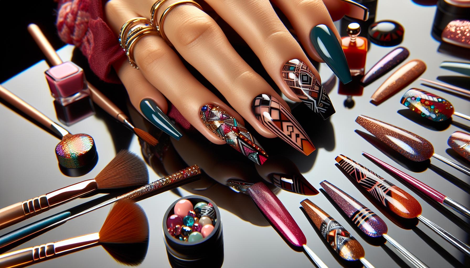 Bold Geometric Patterns on Coffin​ shaped⁢ Nails for an‍ Edgy Statement