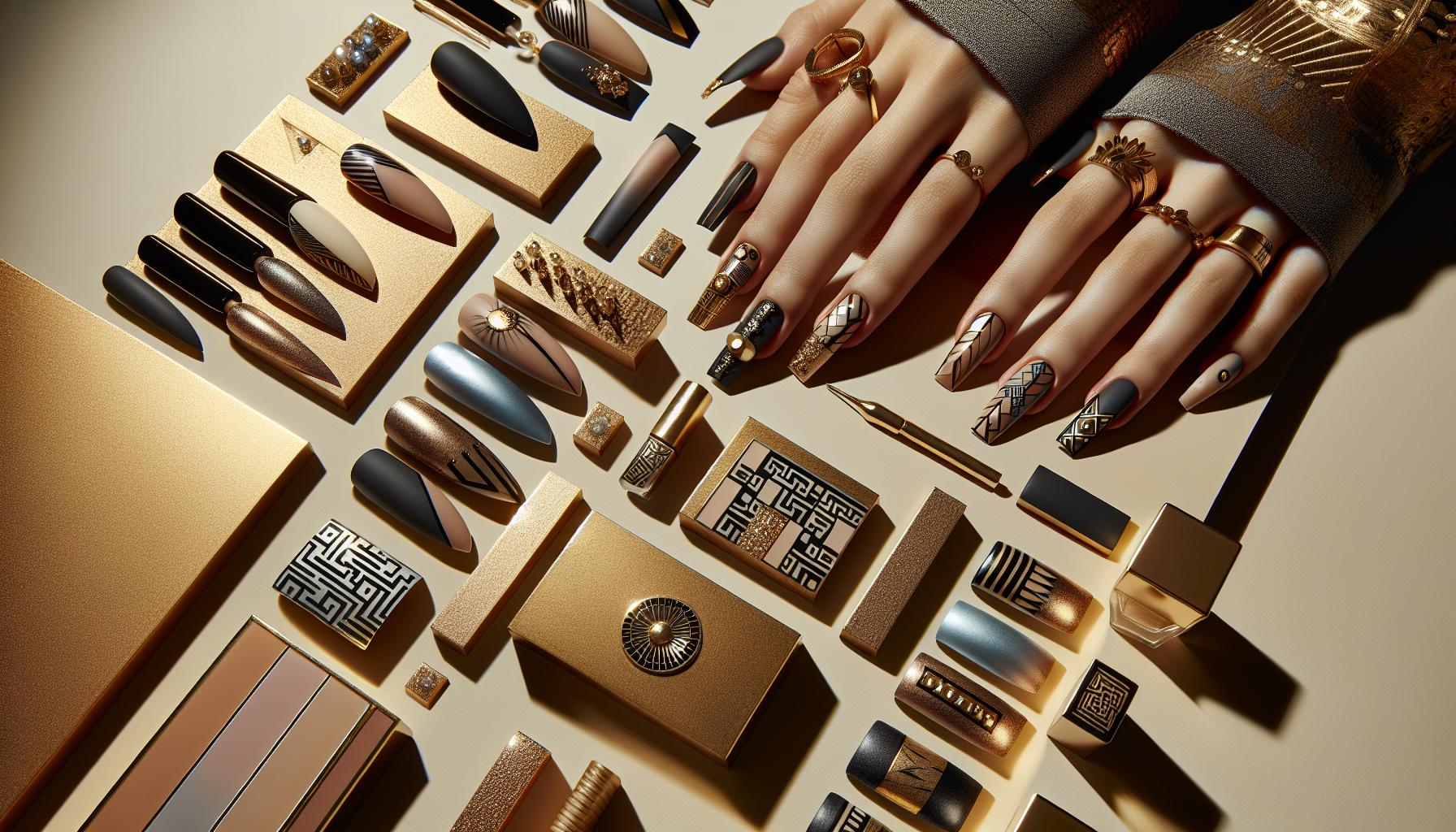 bold Geometric‌ Patterns with‍ Metallic gold Details on Matte⁤ Square ⁣Nails for Modern Edginess