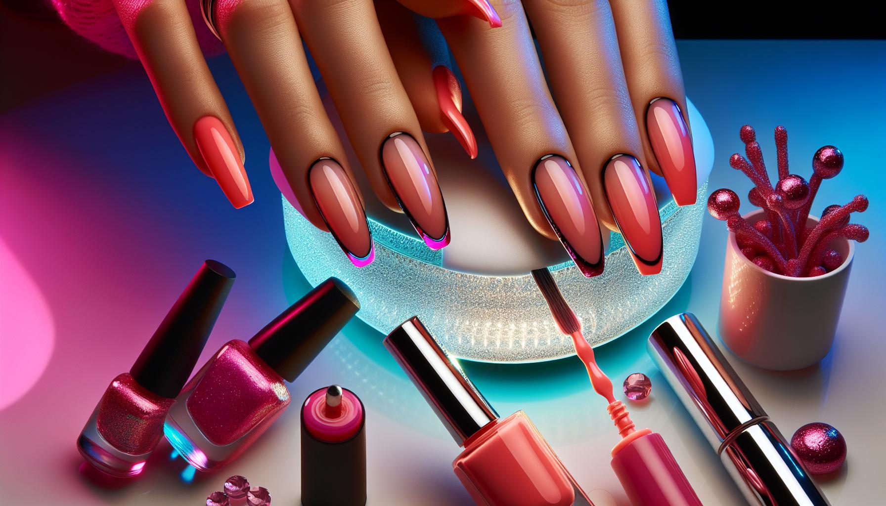 Bold Glossy Coral ​French Tips with Neon Underlay ⁢for‌ a Fun Twist on a‍ Classic