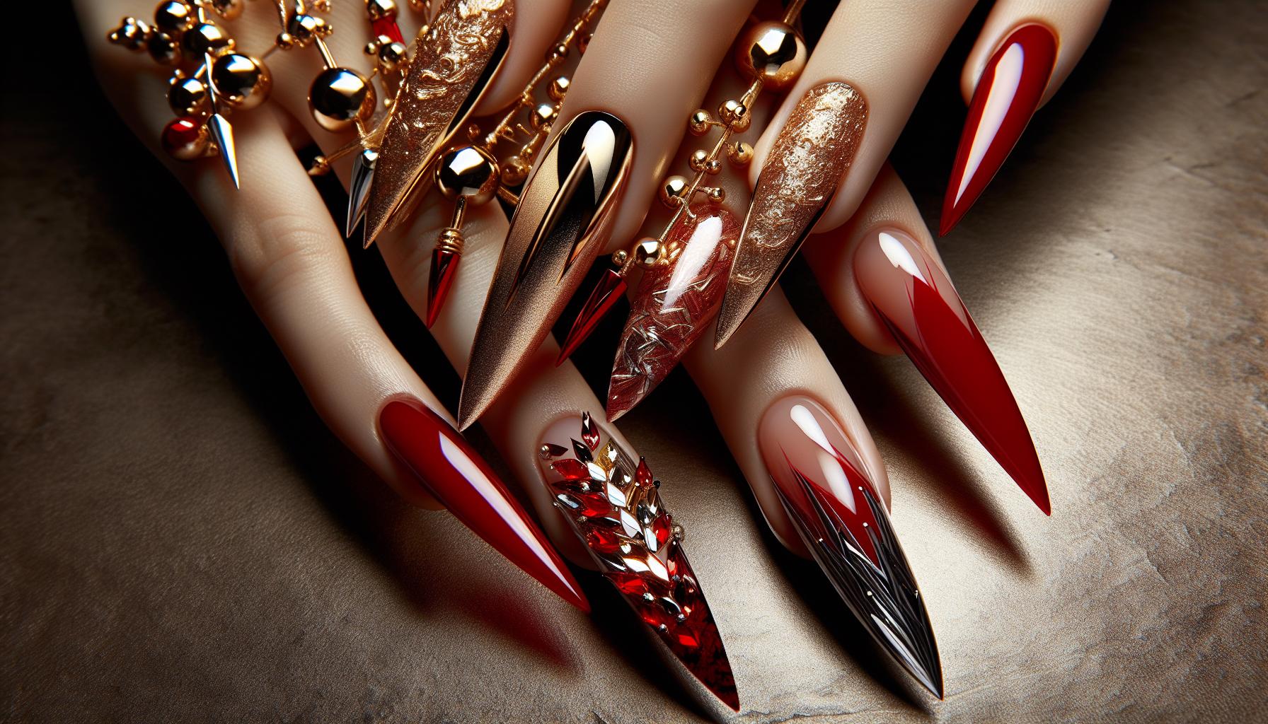 Bold Glossy Red‌ Stiletto Tips Infused with Flirty Gold Foil