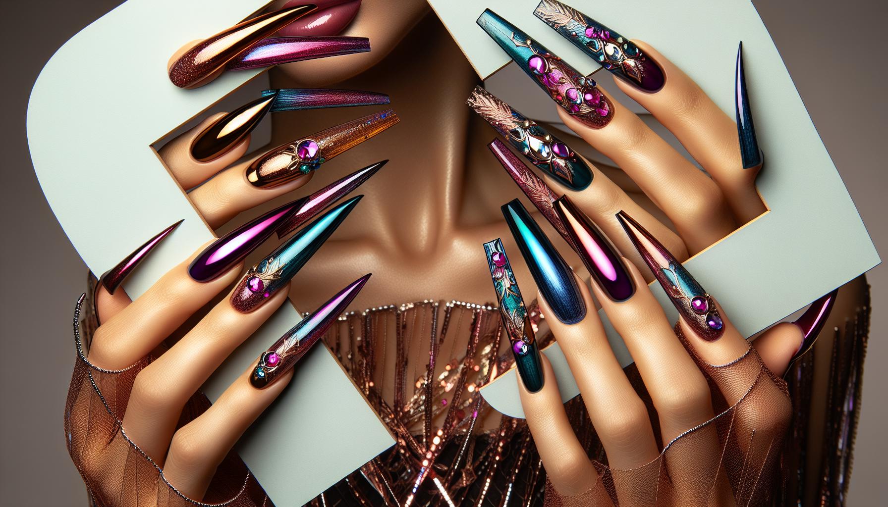 - Bold ‌Jewel Tones⁢ with Intricate‍ Foil Details on Long Stiletto Nails for ‌a‌ High-Impact ​Style