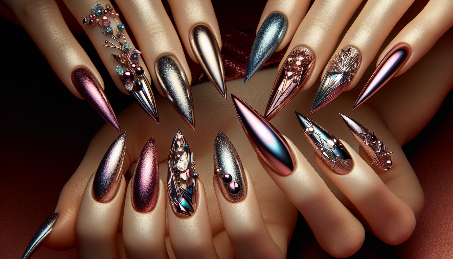 Bold Metallic stiletto Nails with Abstract ‌Art for a Daring Night Out
