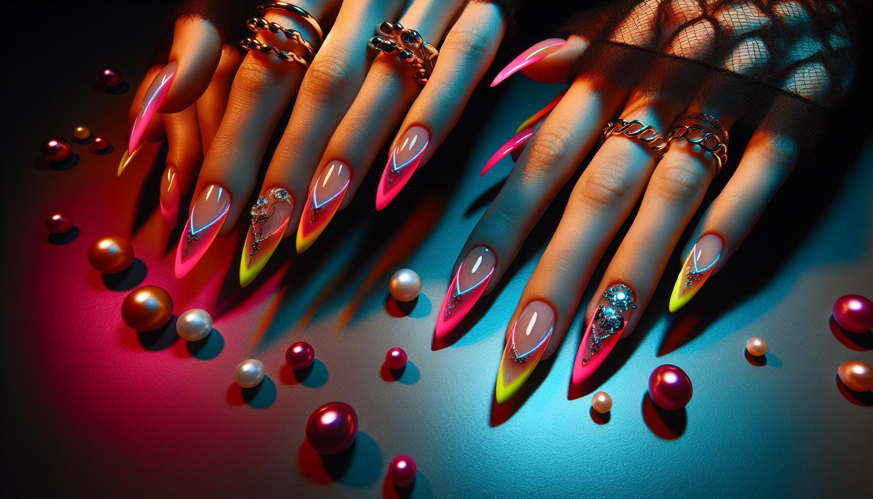Bold Neon French Tips ⁣on ⁣Almond-Shaped Nails for a Playful Twist