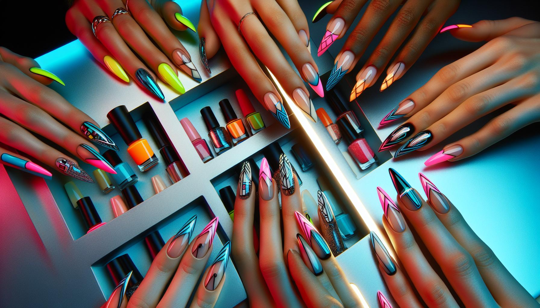 Bold Neon French Tips with Geometric Patterns for an Electrifying Statement