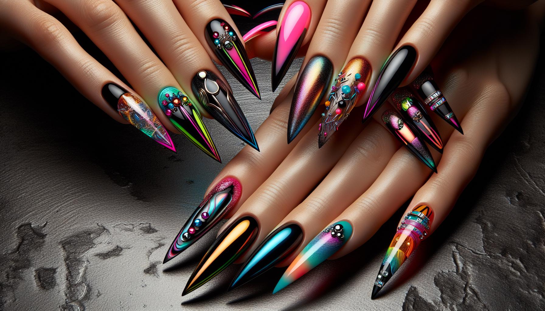 Bold ‌Neon​ Stiletto ‍nails with Abstract ⁢Art for an Edgy Statement