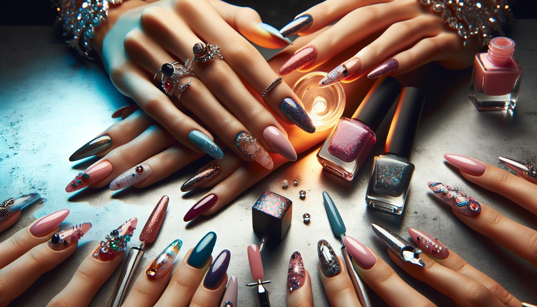 Bold Stiletto Shimmer with‍ Gold ‌Leaf Accents for a Luxe Statement