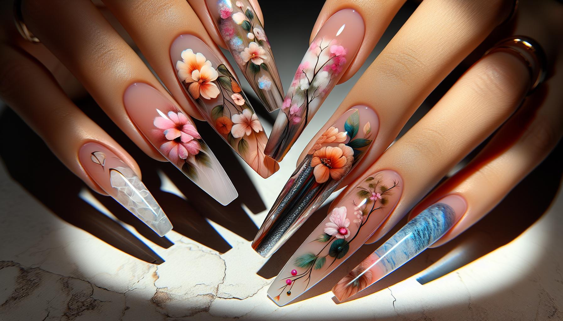 Captivating Floral Watercolor​ blends on Long Acrylic Oval Nails