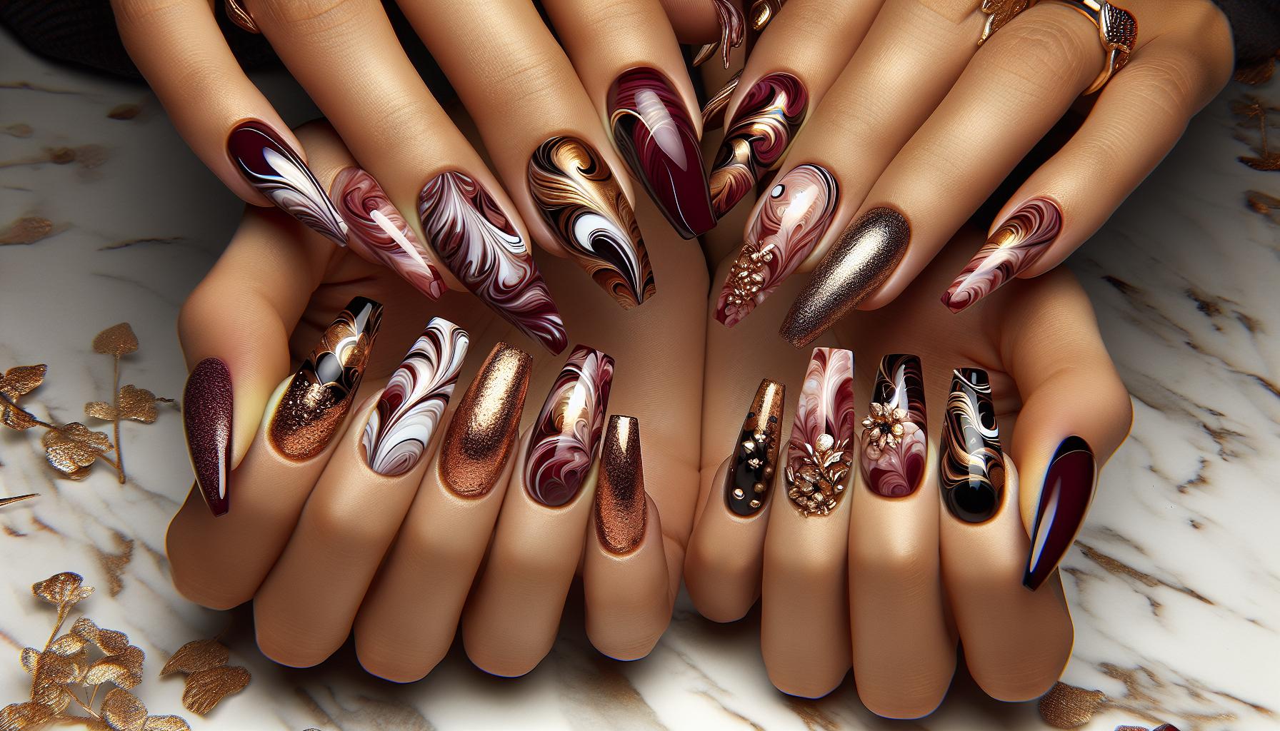 Captivating Marble Effect Acrylics in Rich Burgundy and Gold Swirls