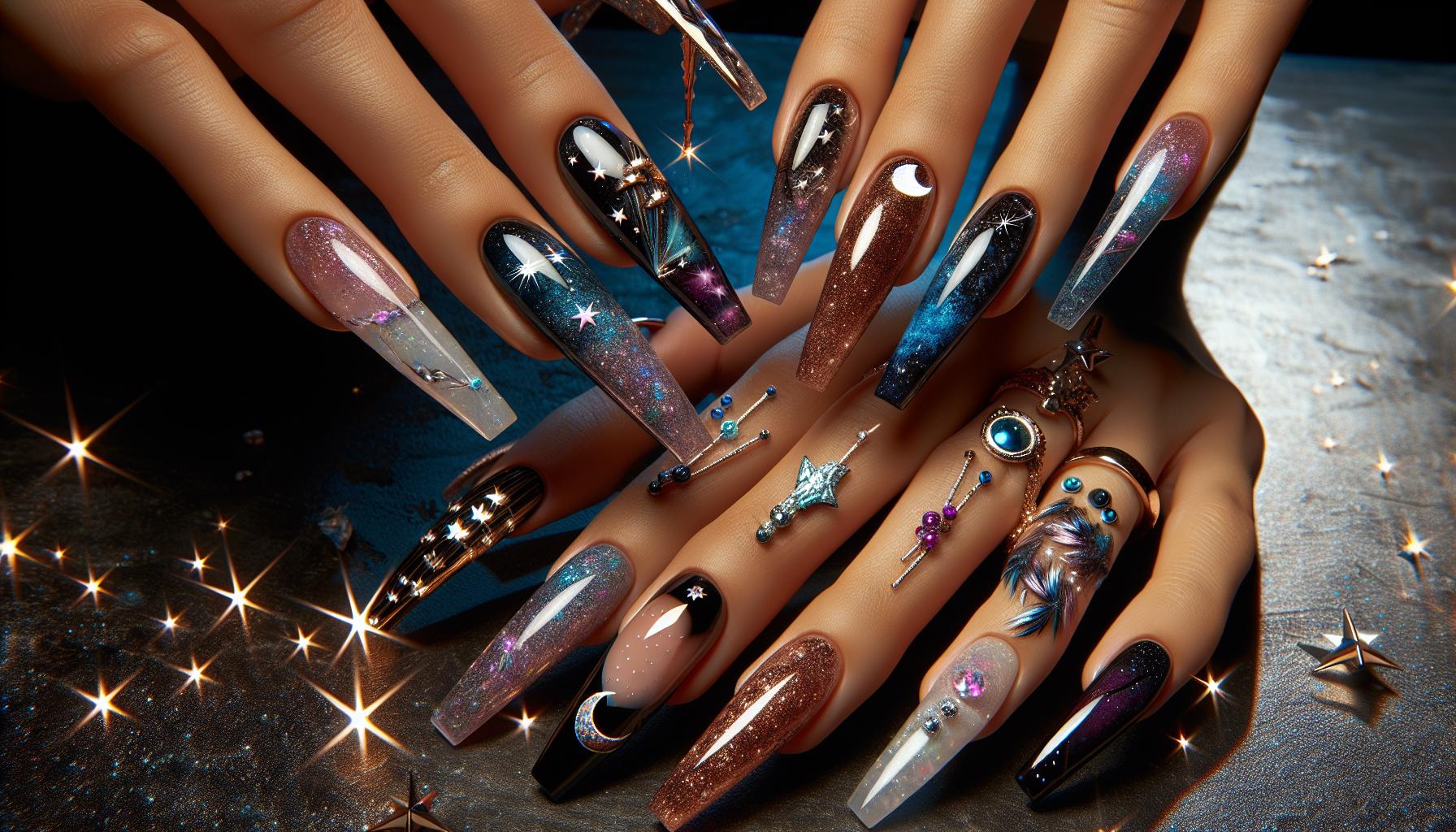 Celestial Chrome Coated Coffin Nails Glittering with Starry Night Inspiration