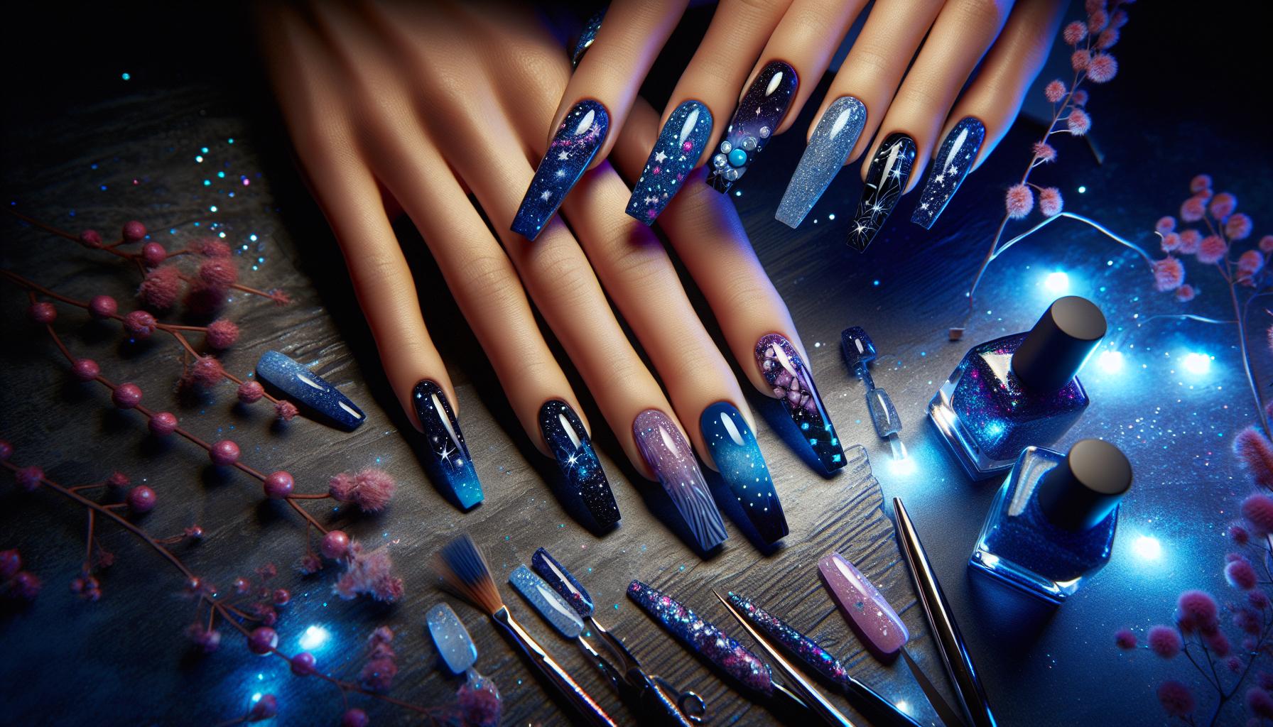Celestial Theme Acrylics with Starry Night Patterns and Deep Blue Hues for Enchanting Allure