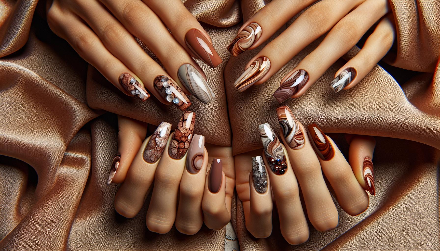 Chic Abstract Marble Gel Nails Merging Earthy Tones and Metallic Swirls for Effortless Sophistication