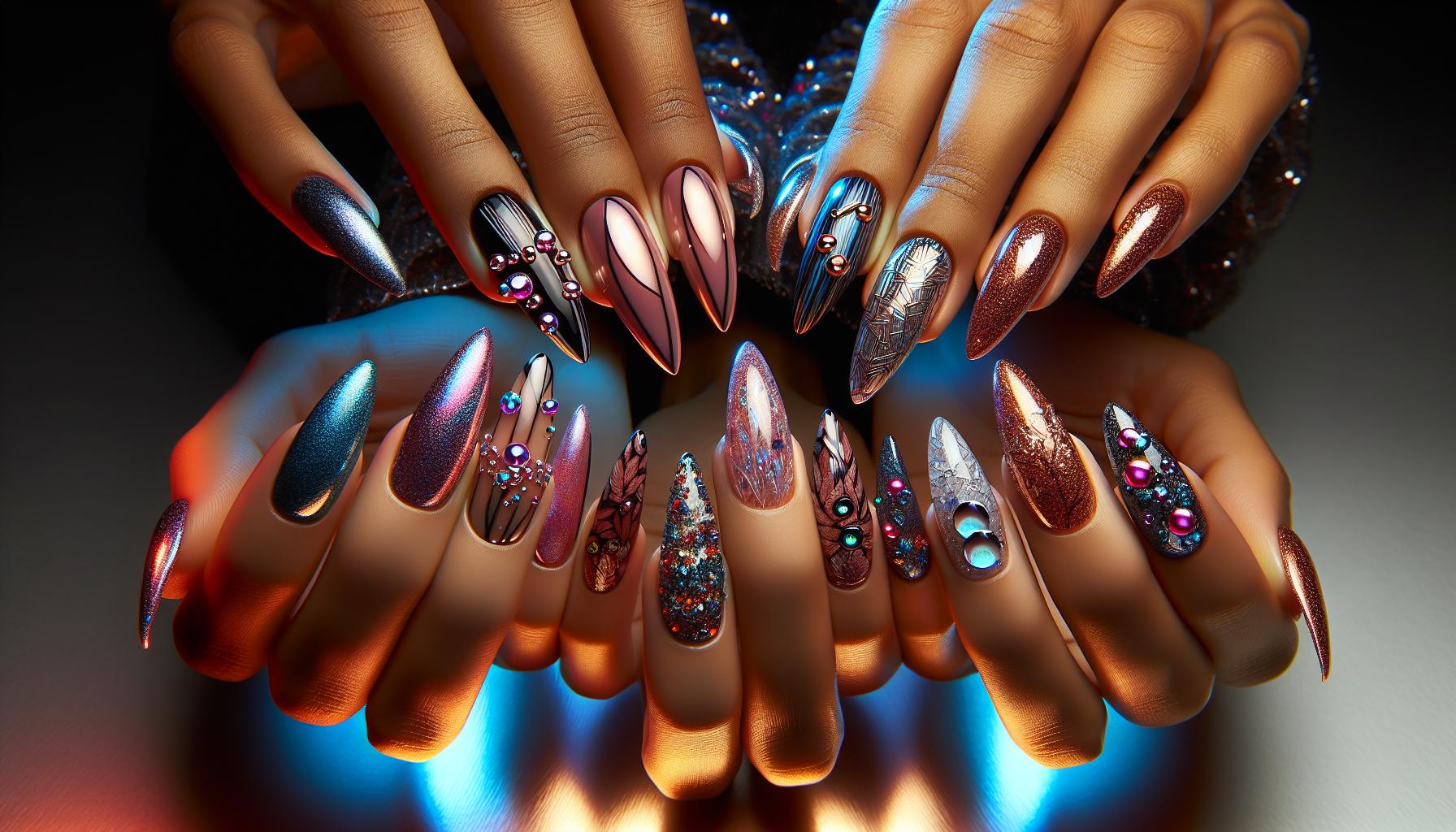 Chic Almond Shapes Adorned with Dazzling Chromatic Sparkles for a Glamorous Evening Look