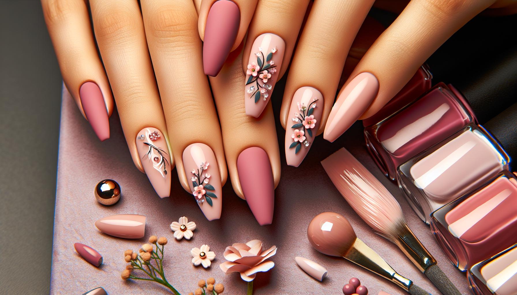 Chic Matte Almond Nails Featuring Dainty Flower Detailing in Blush Pink