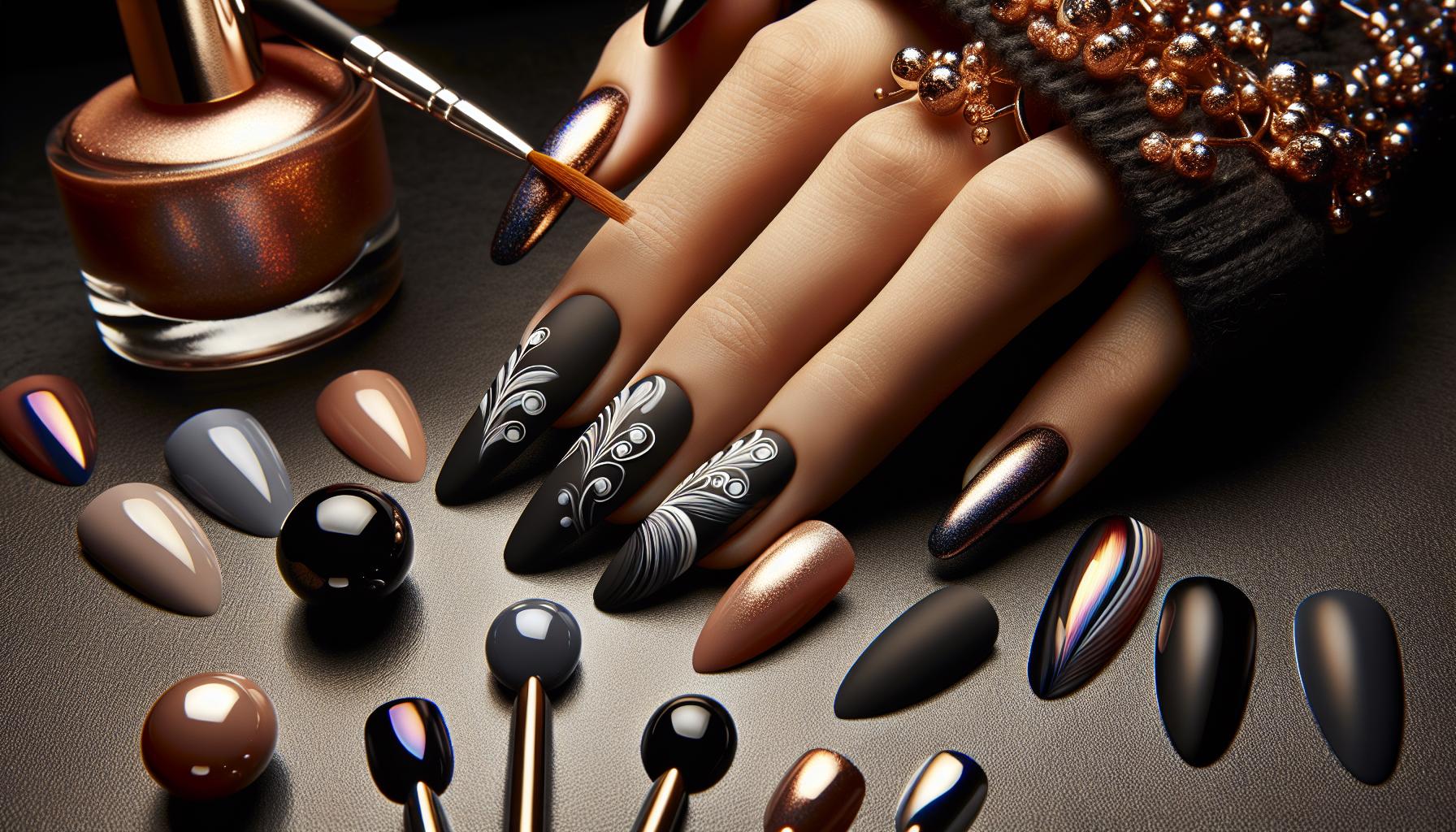 Chic Matte Black Almonds ⁢featuring Subtle ​Abstract White Swirls