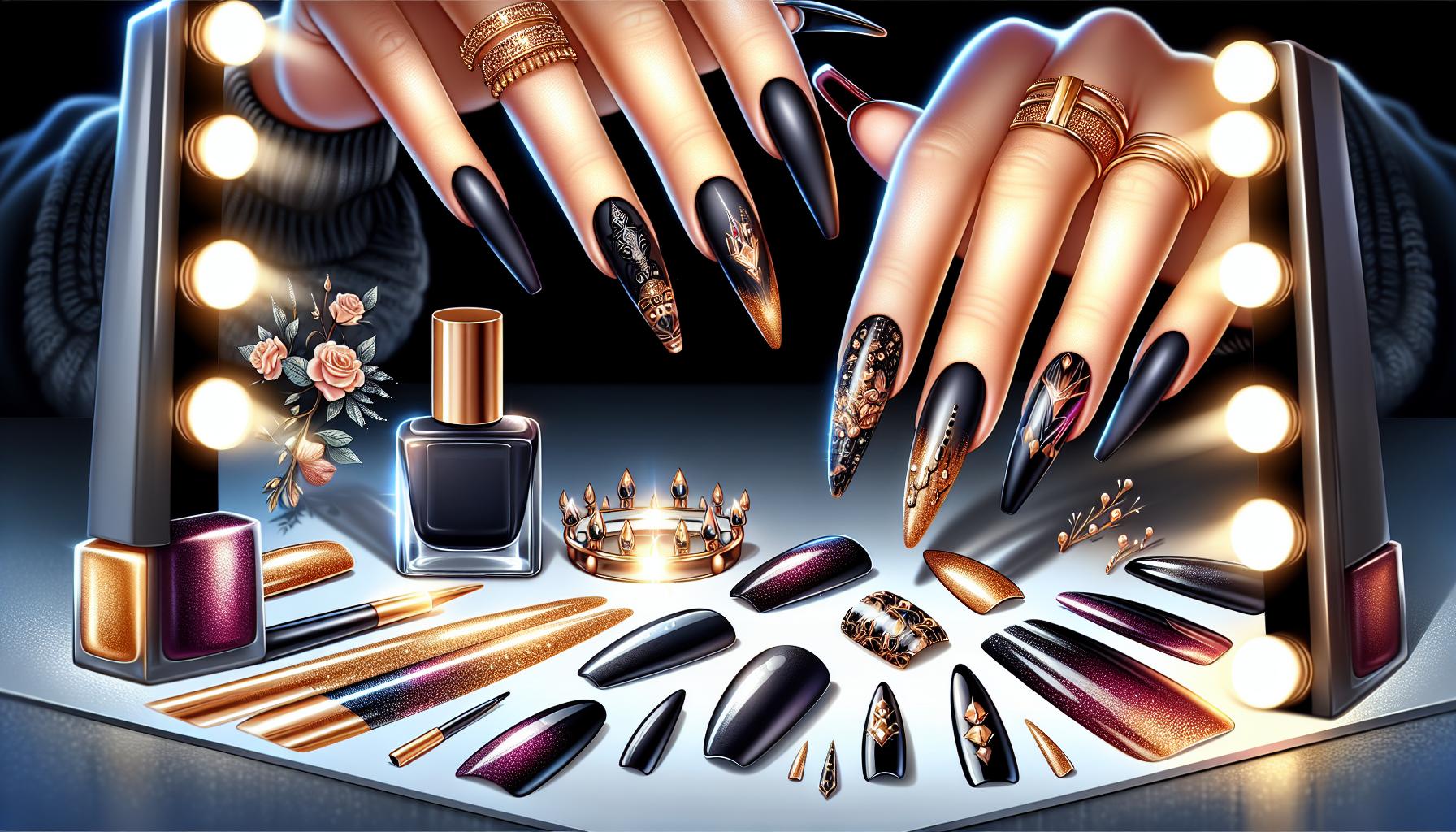 Chic Matte Black coffin Nails with Striking Gold Foil⁣ Accents