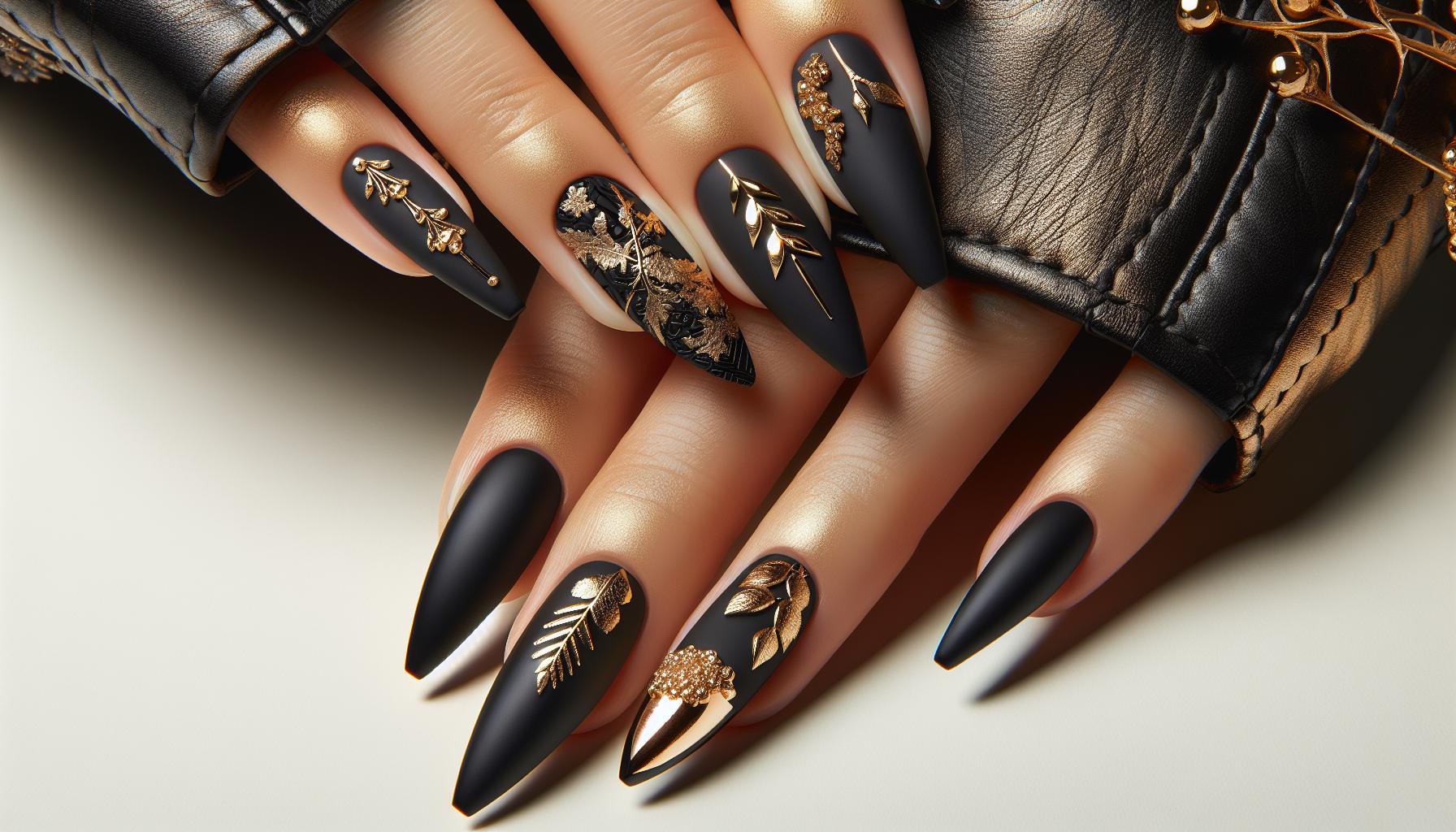 Chic Matte Black Coffin Tips ‌adorned with ‌Dainty gold Foil ⁣Accents for⁢ Edgy Sophistication