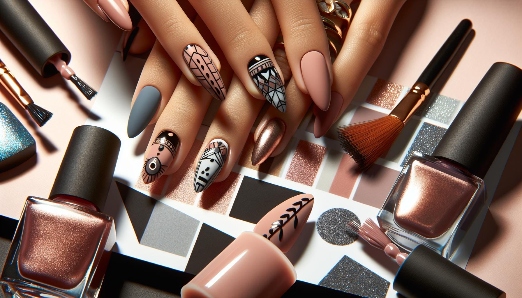 Chic Matte Blush almond Nails Featuring Bold Geometric Designs