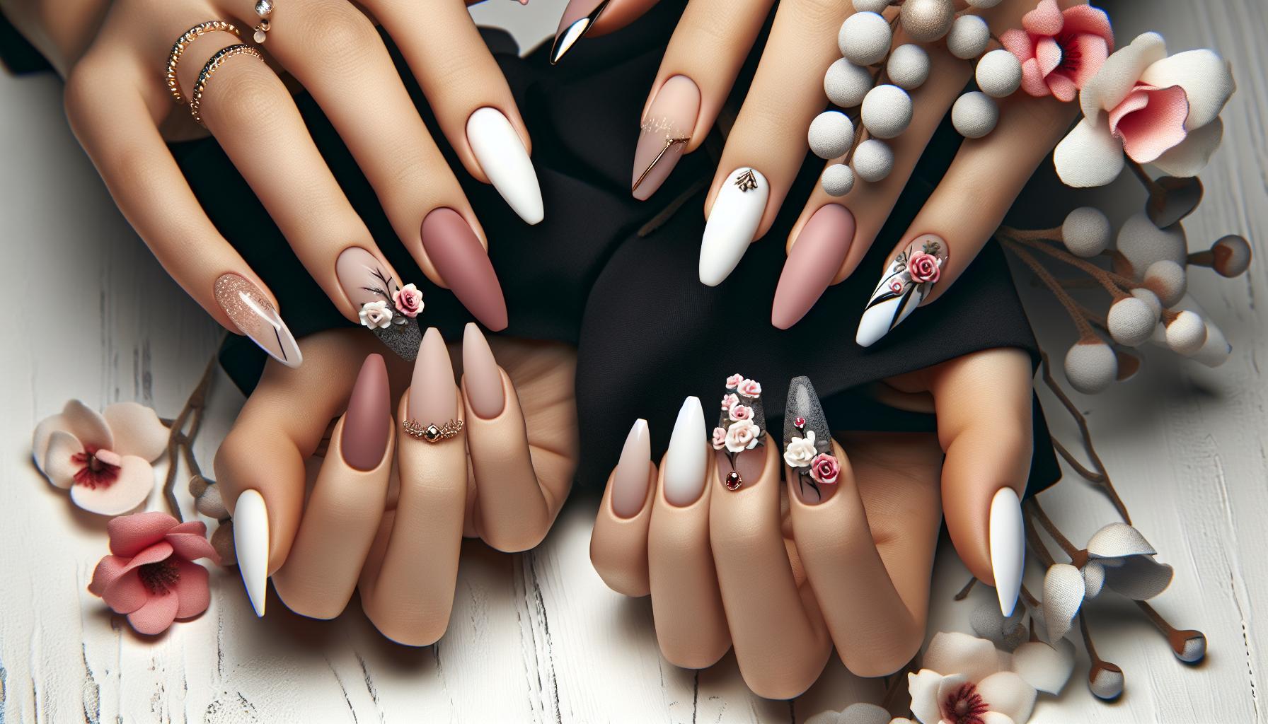 Chic Matte French Tips with Flirty Floral Accents for a Romantic Touch