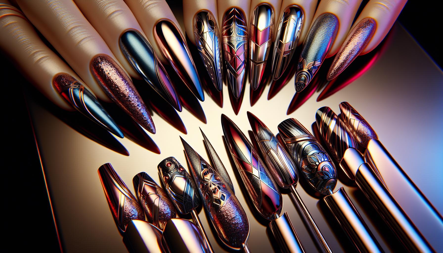 Chic Metallic Stiletto Nails Featuring Abstract Geometric​ patterns
