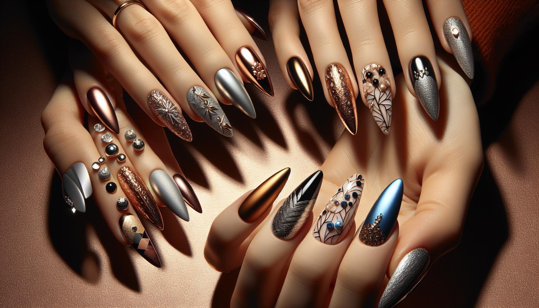Chic​ Shell Accents on Almond-Shaped Nails with Metallic Matte