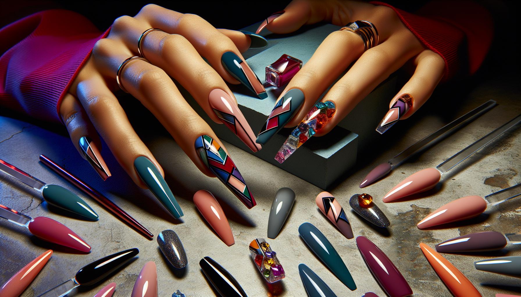 Chic Stiletto Acrylics ⁢Showcasing Bold Geometric Designs​ in Striking ⁢Jewel⁤ Tones