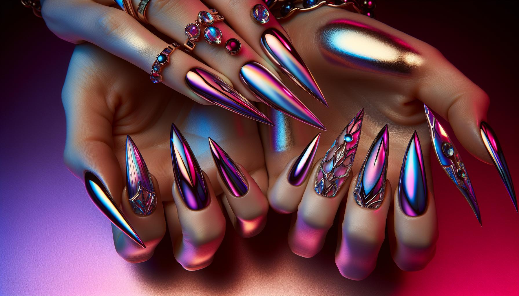 Chic Stiletto Nails in Iridescent Chrome for a Futuristic Flair