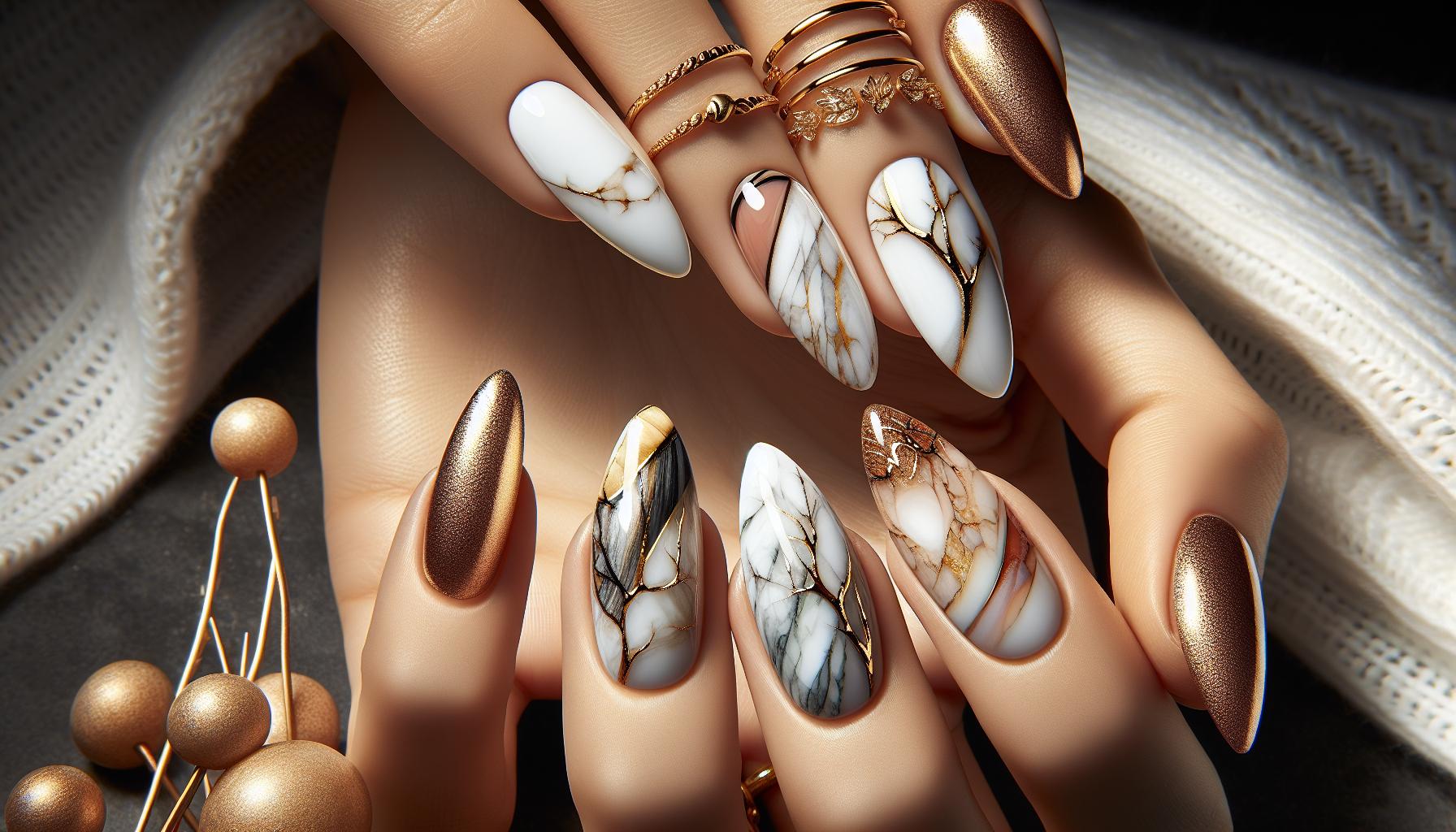 Chic White Marble with Golden ‌Veining on Almond shaped Gel Manicure for ‌a Sophisticated Elegance