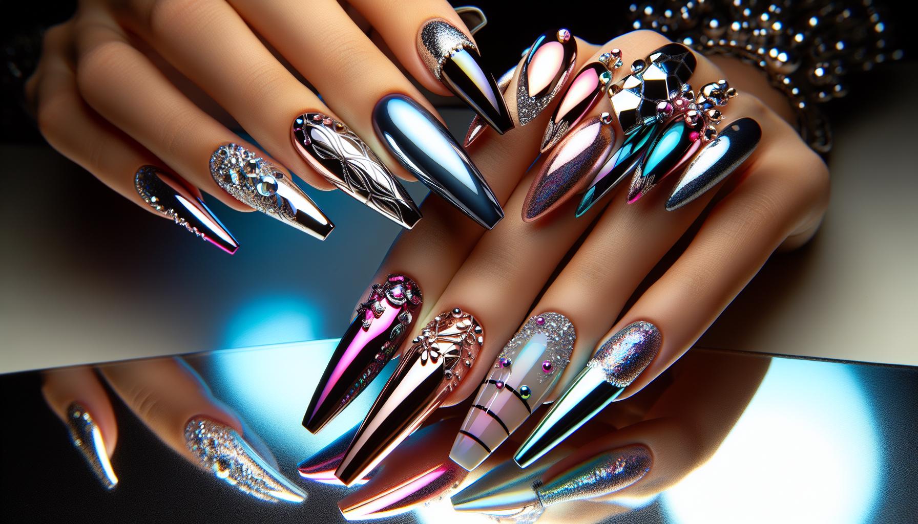 Chrome​ Foil Accents on Sleek ​Coffin Shapes for a Dazzling Night Out