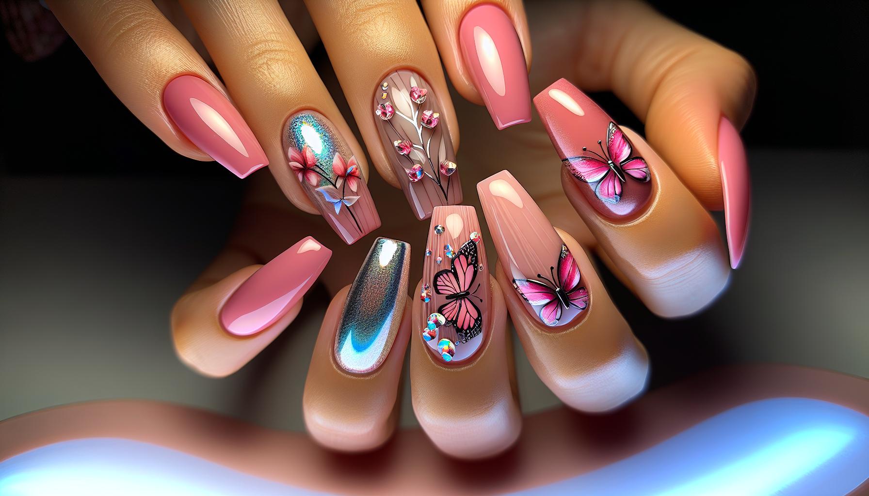 Classic⁤ Shellac ⁣Pink‌ Nails with Delightful 3D Butterfly Touches