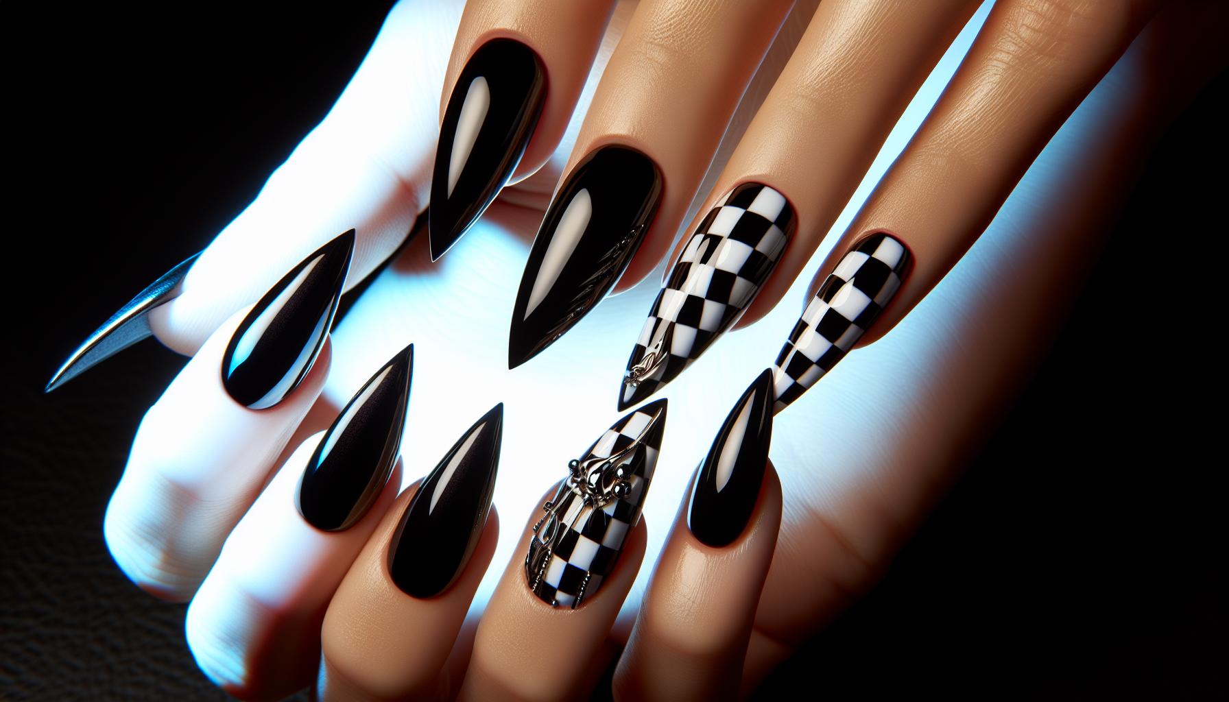Daring Black and White Checkerboard stiletto Nails with a High Gloss Shine for Edgy Sophistication