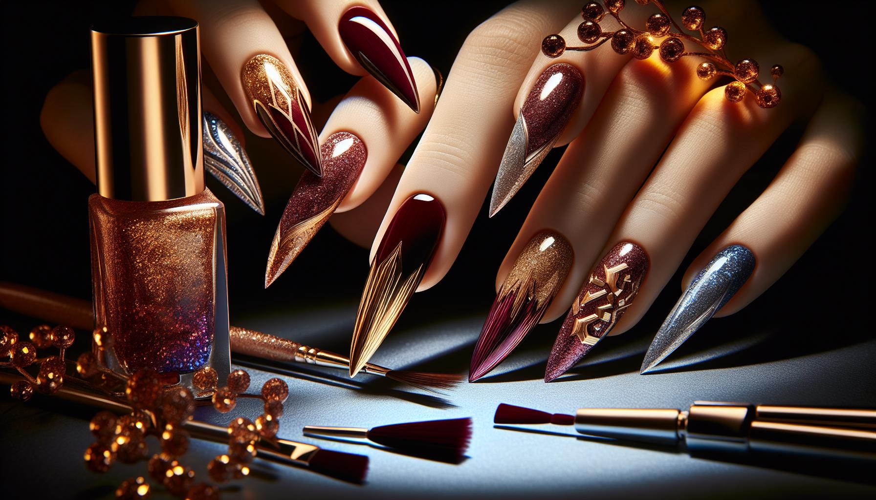 Dazzling Chrome Gold Shimmer over Burgundy Velvet Finish on Stiletto Nails for a Rich Contrast