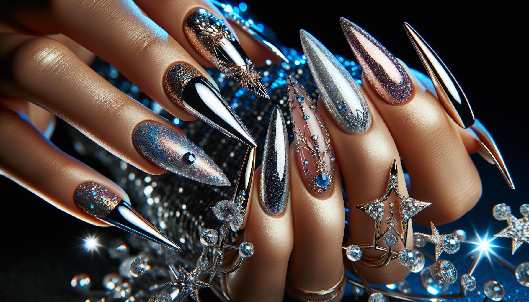 Dazzling Chrome Stiletto Nails with Twinkling Starry Accents