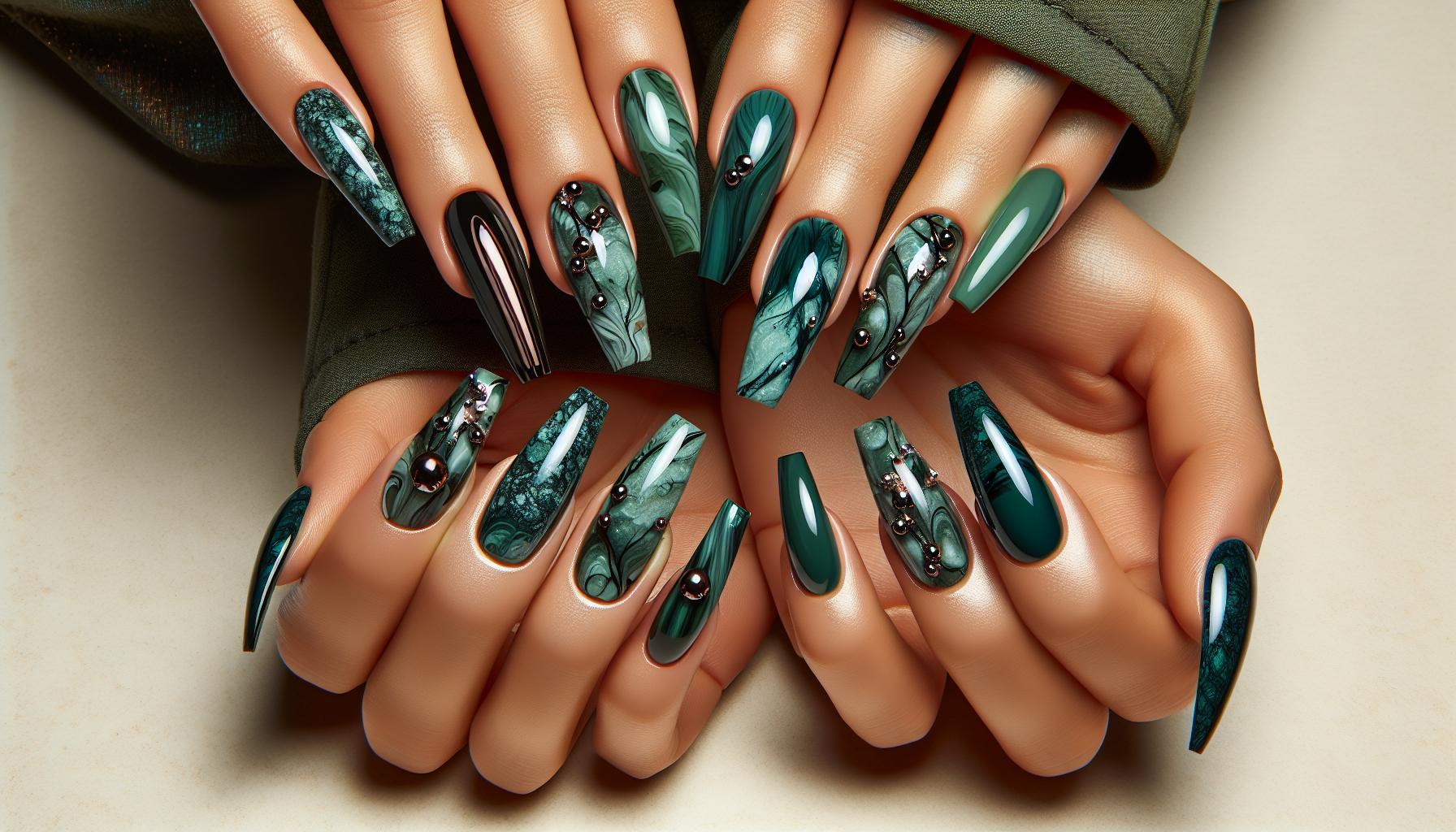 Deep Moss Green Marbled Acrylics for a Mesmerizing Effect