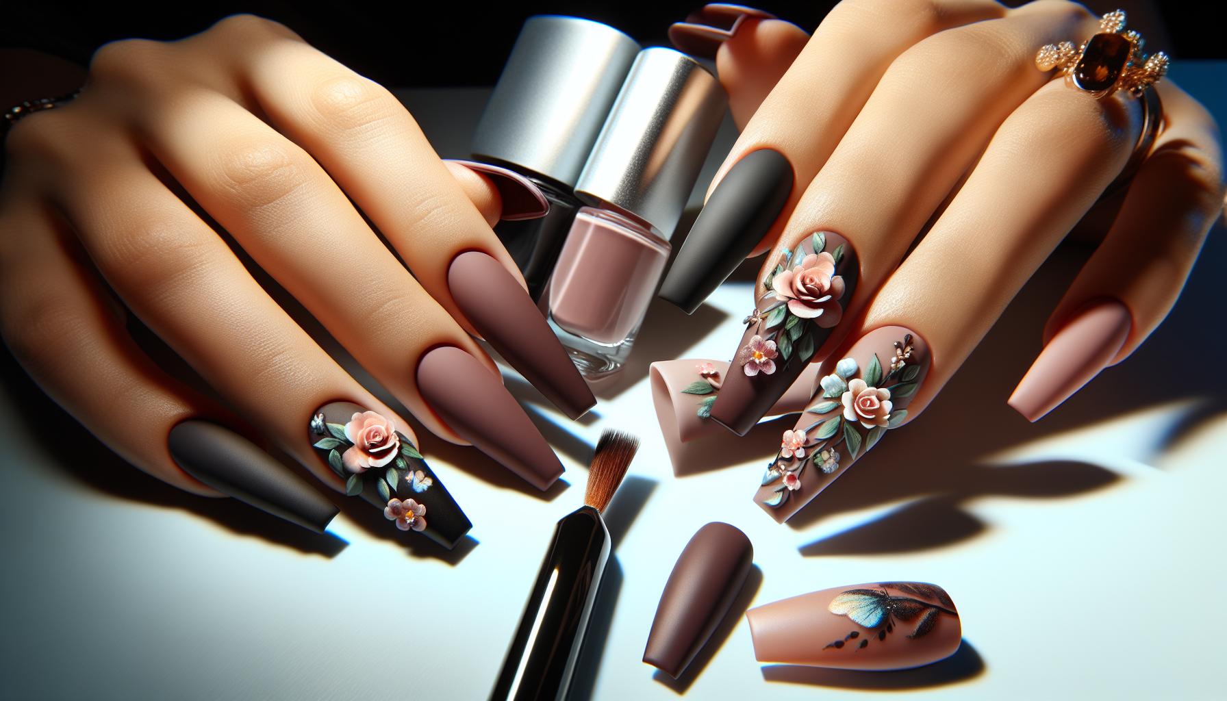 Delicate⁤ floral Accents on Matte Coffin ⁤Nails for a‌ Touch of⁢ Romance